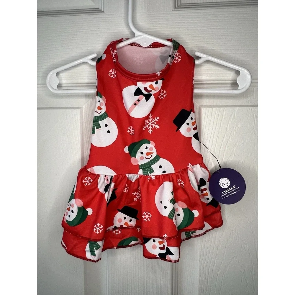 Cyeollo Snowman Dog Dress Small Red New Holiday Snowflake Tiered Ruffle Outfit